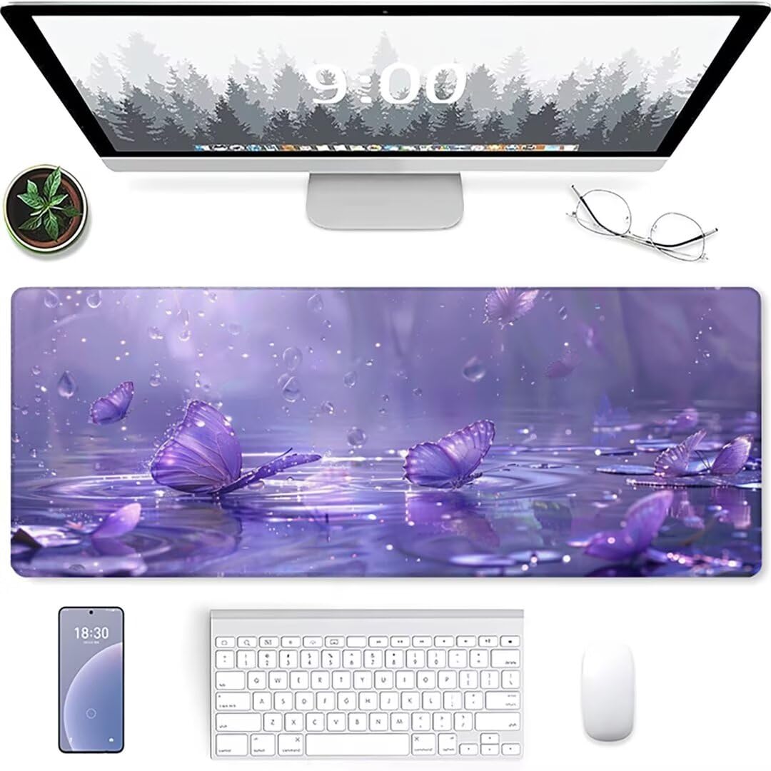 Tappetino per mouse da gaming, XXL, grande, con gomma impermeabile e antiscivolo, per PC, MacBook, laptop, gaming, casa 1200 x 600 x 3mm Viola Farfalla