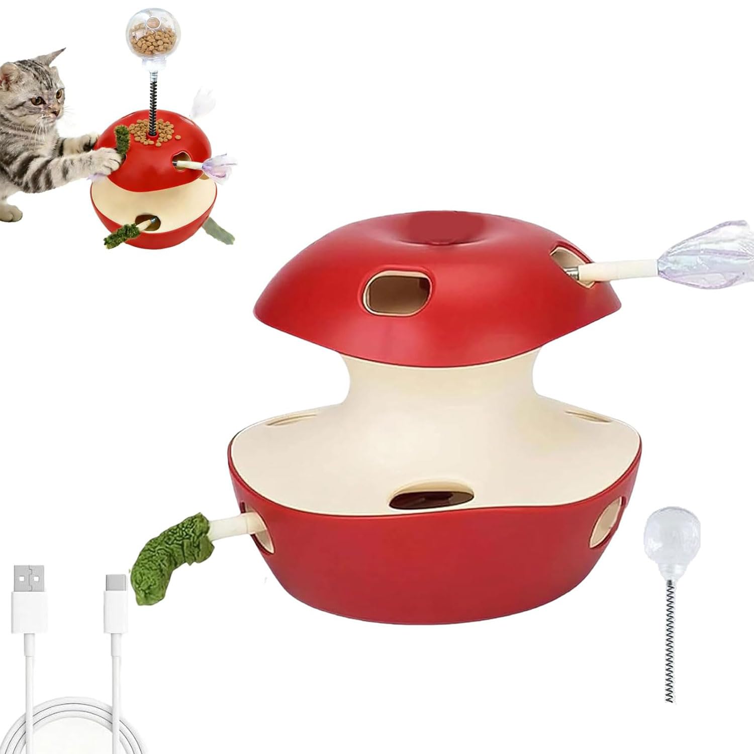 Cat Puzzle Toy Apple-Shaped,Katzen-Puzzle-Spielzeug in Apfelform,Interaktives Katzenspielzeug mit Smart Sensor & Behandlungs-Dosierkugel,Wiederaufladbar Intelligenzspielzeug für Hauskatzen (Rot)
