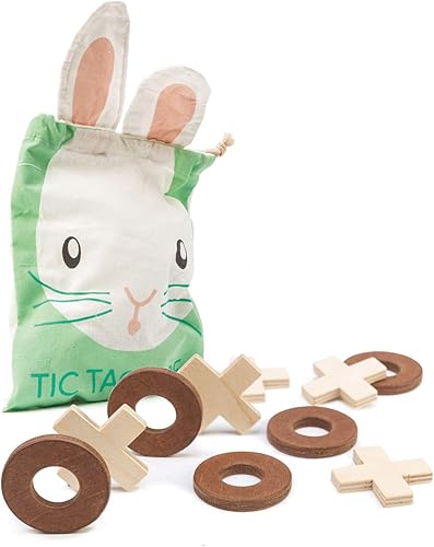 Tender Leaf Toys - Tic Tac Toe - Juego de madera de Tic Tac Toe con bolsa de cordón de conejo - Juego de mesa de viaje para niños y adultos - A