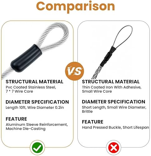 Miniatura 5 de Cable de seguridad de acero inoxidable de 10 pies y 0.197 in, cuerda de alambre flexible trenzada de doble bucle recubierto de acero para