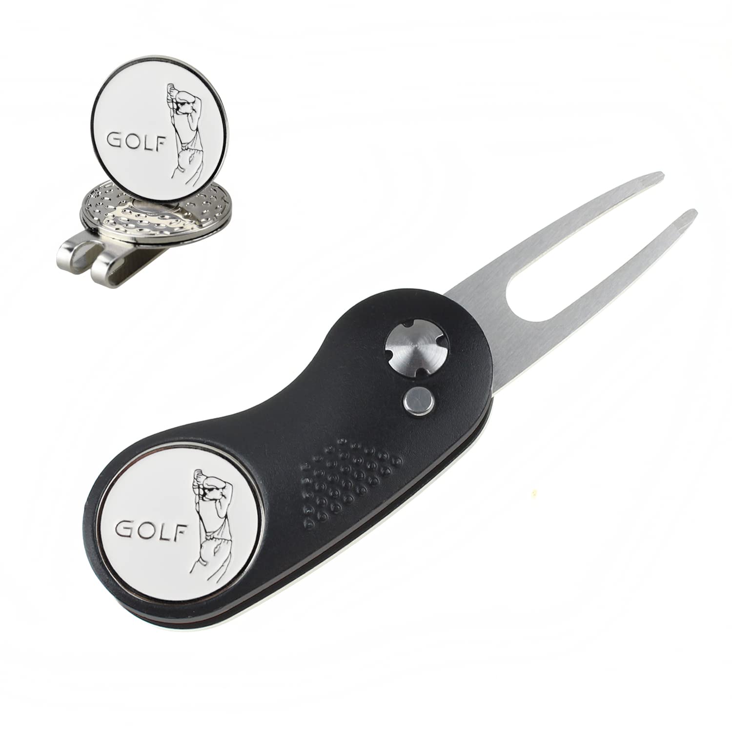 kahuayi Golf Divot Tool with 2 Ball Markers+ 1 Hat Clip Golf Divot Tool Divot Repair Tool Switchblade Golf Green Repair Fork Portable and Folding Pitch-1 Piece Black