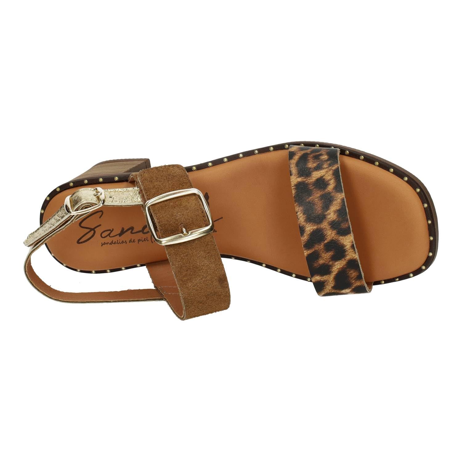 Sandali M863-T6120 Calzado de Piel Cuero Animal Print con tacón bajo, Doble sujeción y Plantilla Acolchada, Temporada Verano Mujer Sandalias