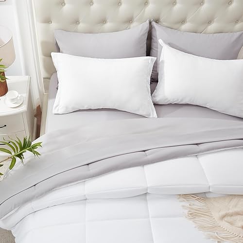 Miniatura 5 de Hboemde Juego de edredón Queen de 7 piezas reversible en una bolsa, edredón blanco tamaño Queen y juegos de sábanas para todas las estaciones,
