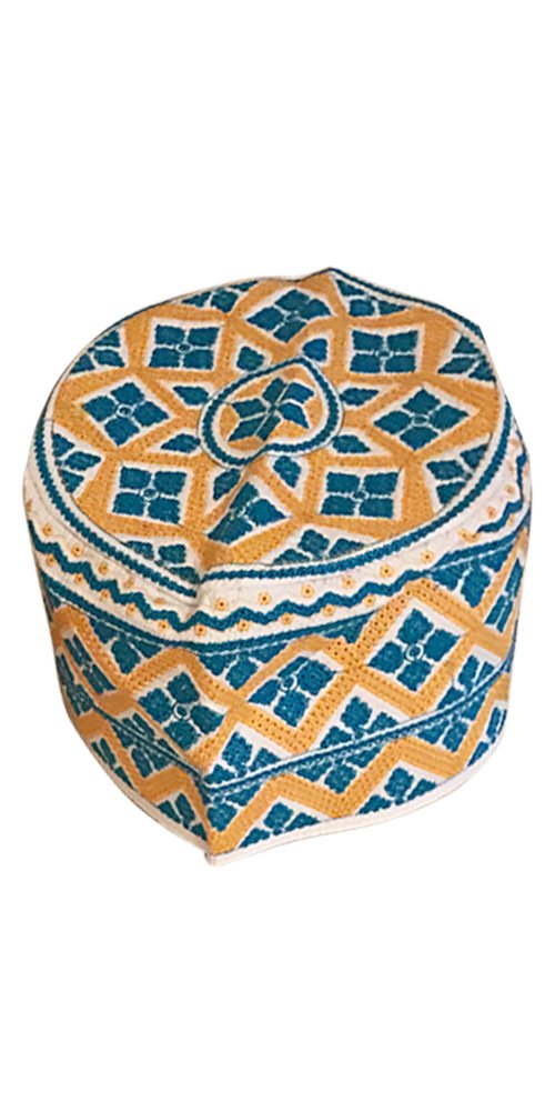 Desert Dress Men's Blue Omani Kuma Hat Talya Massar Cap Zanzibar Embroidered Pill-Box Muscat Top (Blue)