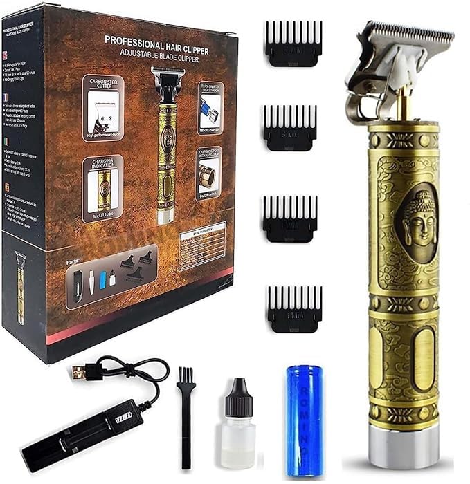 KD ZONE Rechargeable Buddha Style Hair Trimmer for Mens, Professional Beard Trimmer Hair Clipper Shaver with Guide Combs Brush USB Cord - T-Blade (Gold)