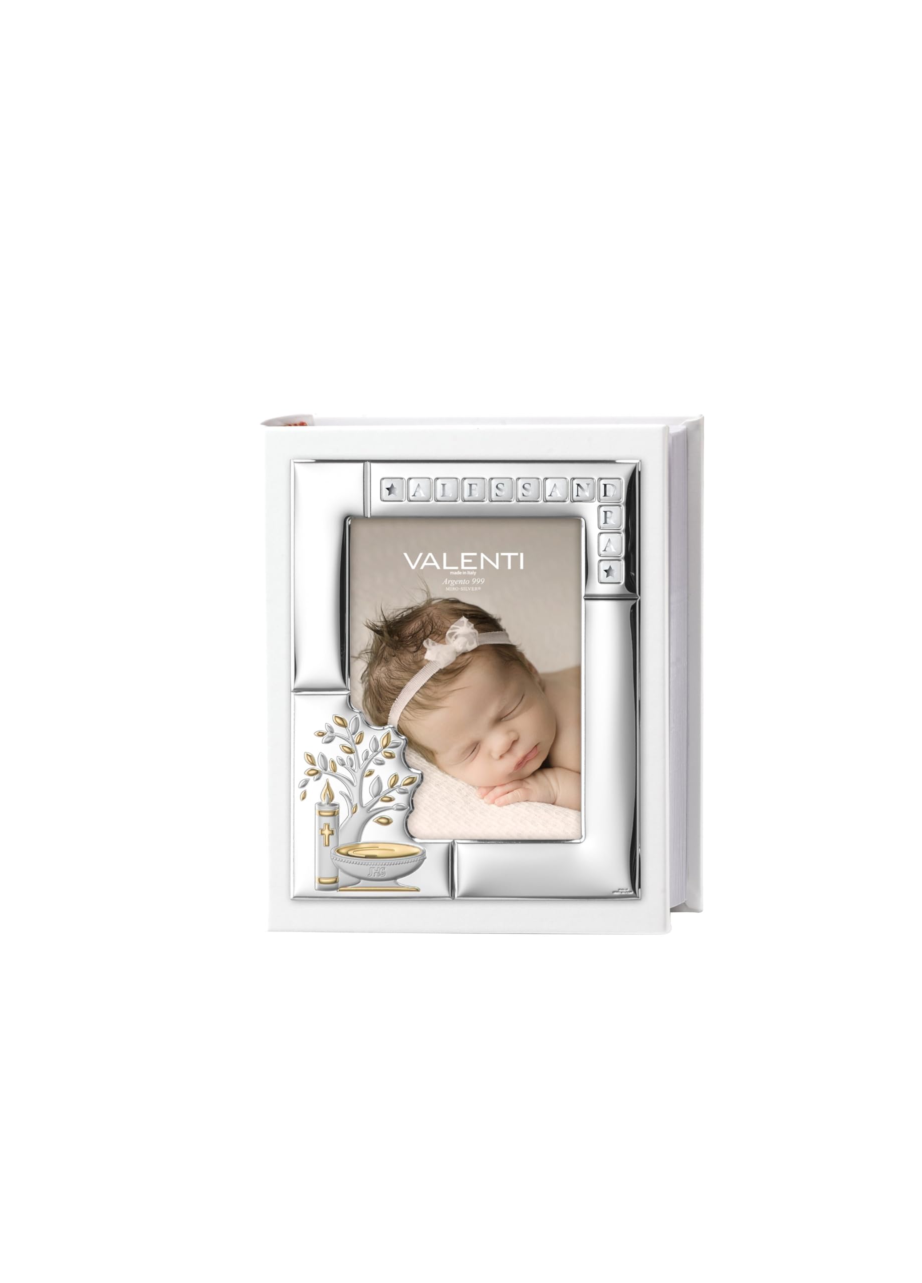 Album portafoto di valenti. Album portafoto con inserti in argento bilaminato e pelle di colore bianco ideale per battesimo. Le dimensioni sono 25x30 cm. Insieme all'album viene fornito anche un fogl