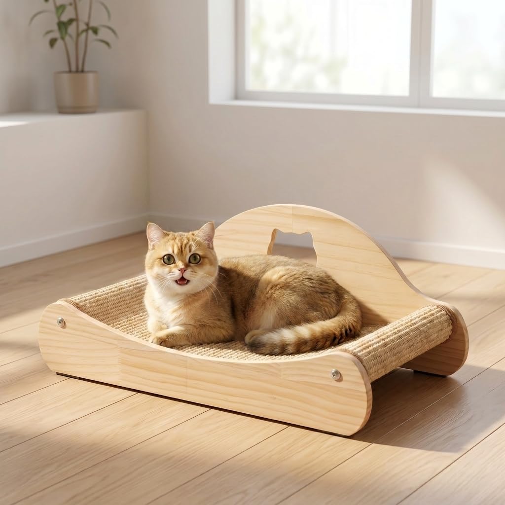 Xygobla Sisal Cat Scratcher Bed – Large Solid Wood Scratch Lounger & Cat Scratching Board, 58x32x11cm, Natural Beech Wood & Sisal Pad for Indoor Cats, No Mess Kitten Sleeping Nest