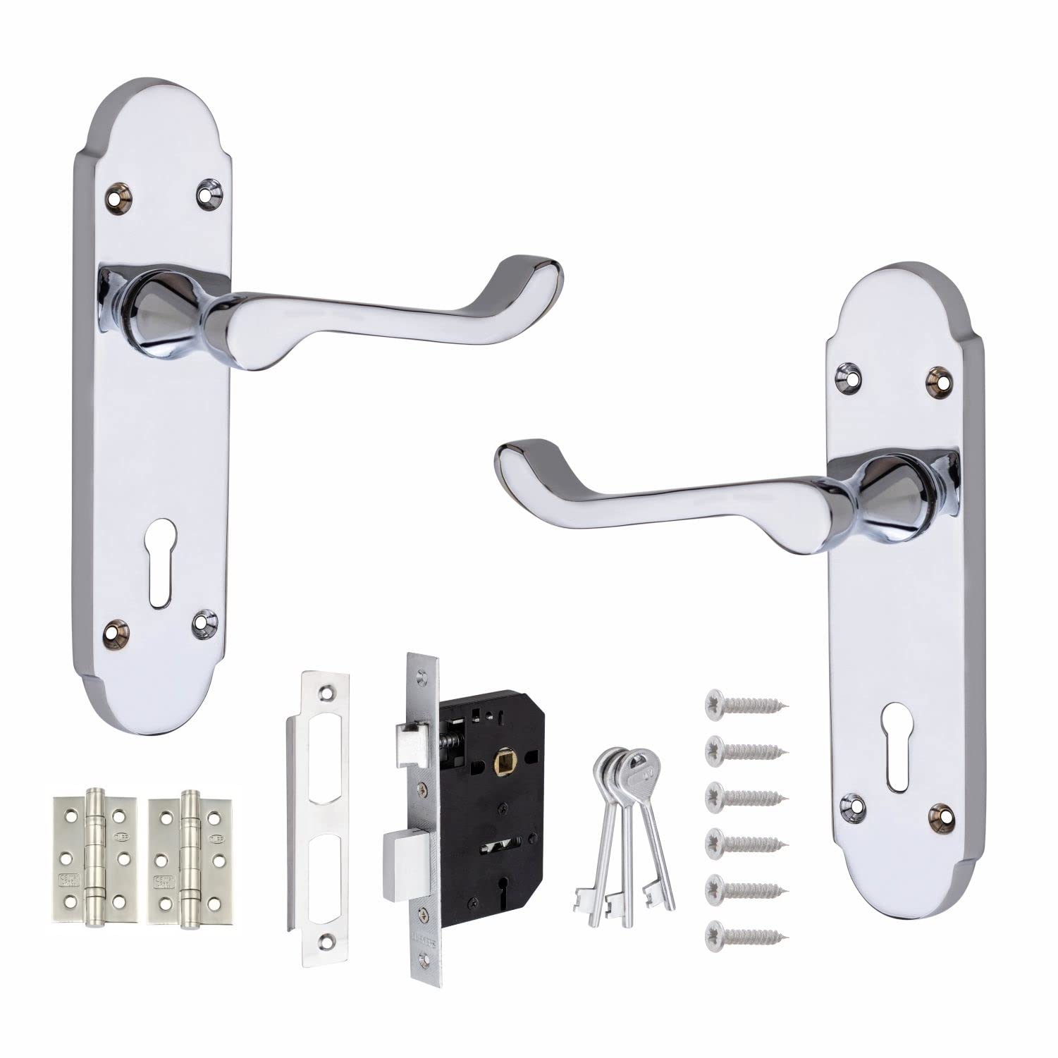 Golden Grace Victorian Epsom Scroll Door Handles, Polished Chrome Key Lock