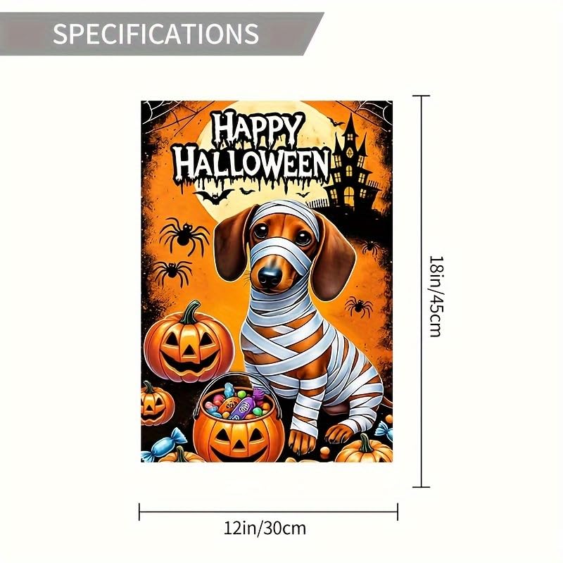Image of BlissYard Halloween Trick or Treat Garden Flag,Halloween Garden Flag with Mummy Dachshund and Pumpkins,halloween garden flags for outside, 12x18 Inch Festive Yard Decoration