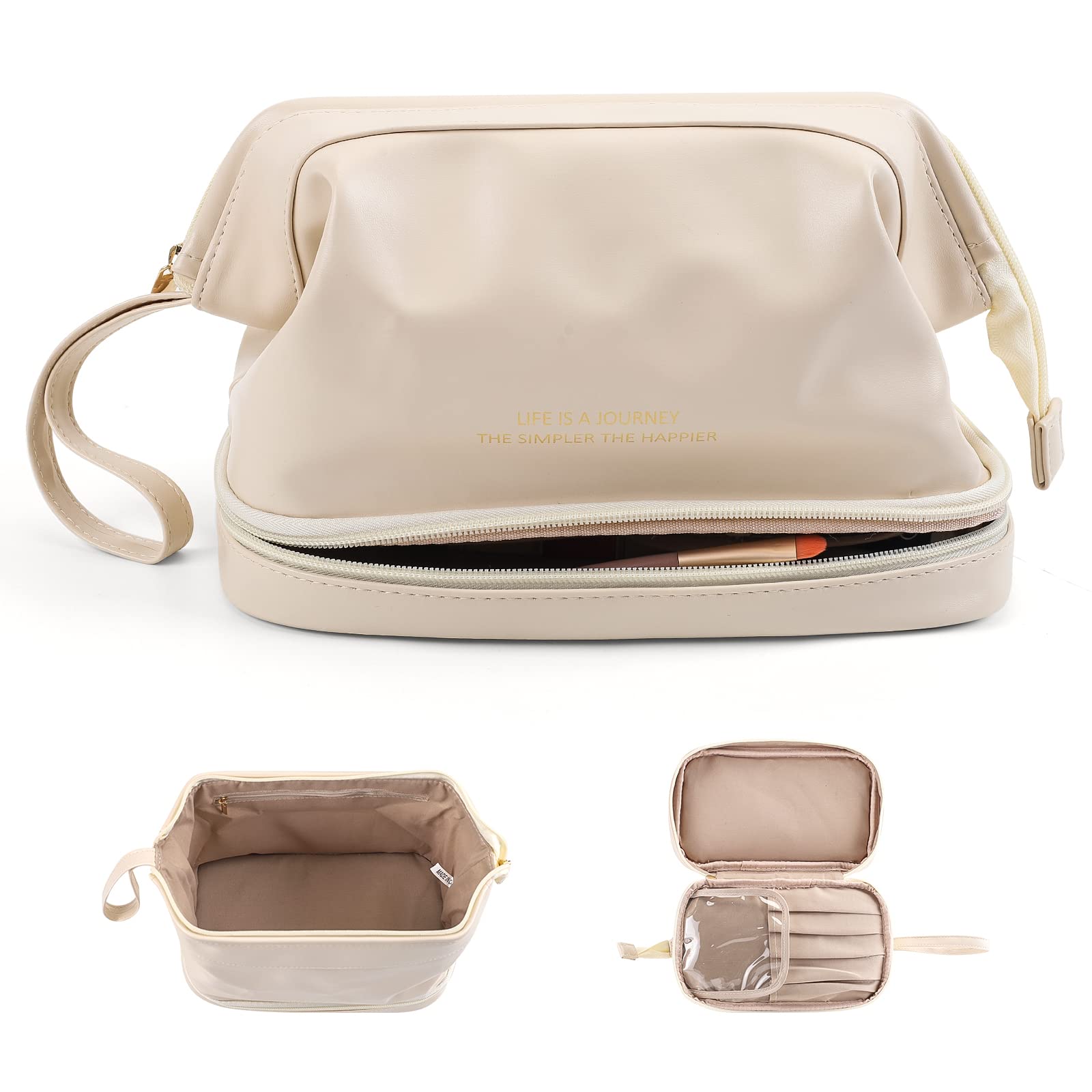 DOJUNS Cosmetic Travel Bag, Double Layer Large Makeup Organizer Leather Waterproof Toiletry Bag for Women Girls (White)