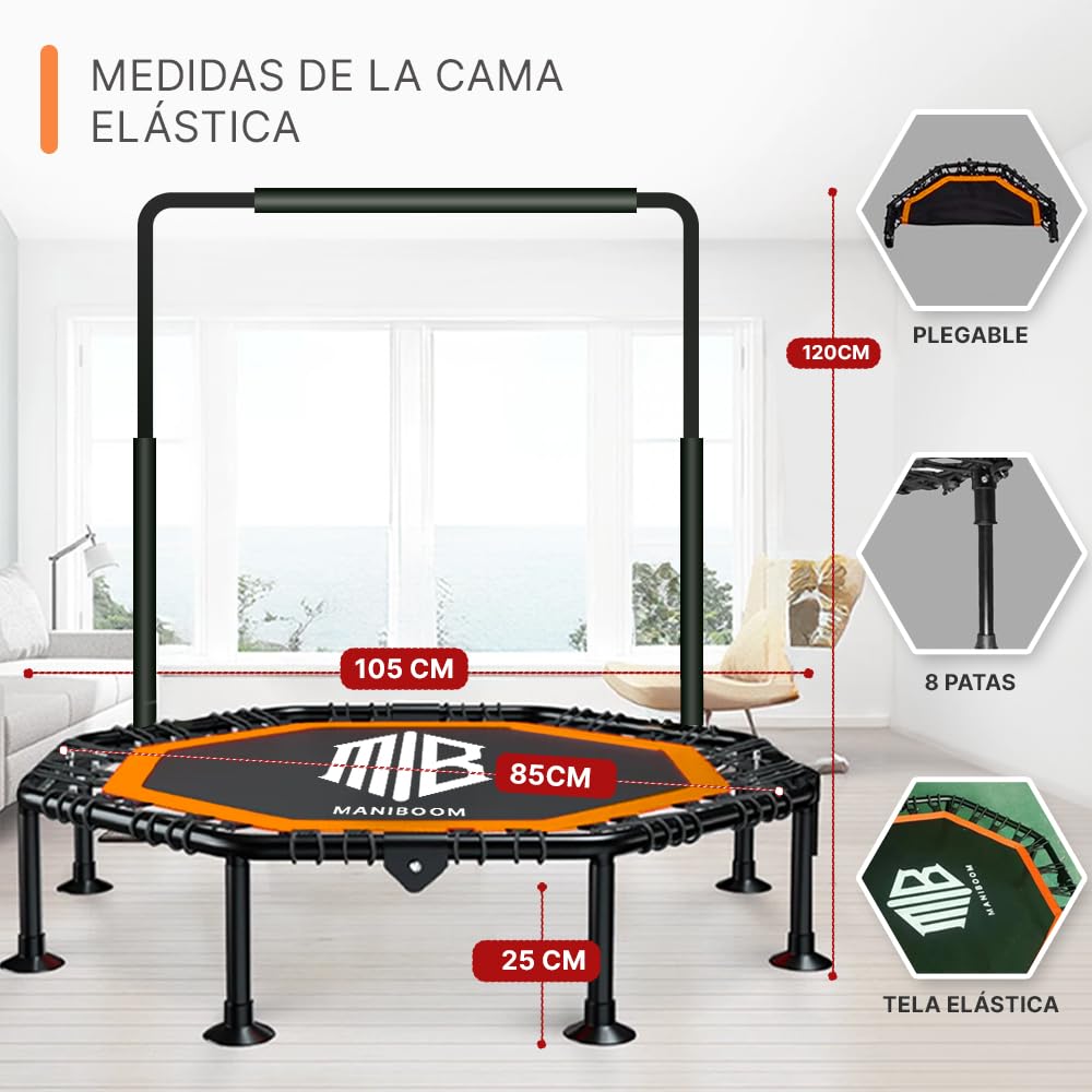 ManiBoom Trampolin Fitness Adultos Ø105cm con 2 Cintas de Resistencia y Agarre Regulable 150kg de Carga - Cama Elastica Jumping Plegable para Interior y Exterior FACIL Montaje