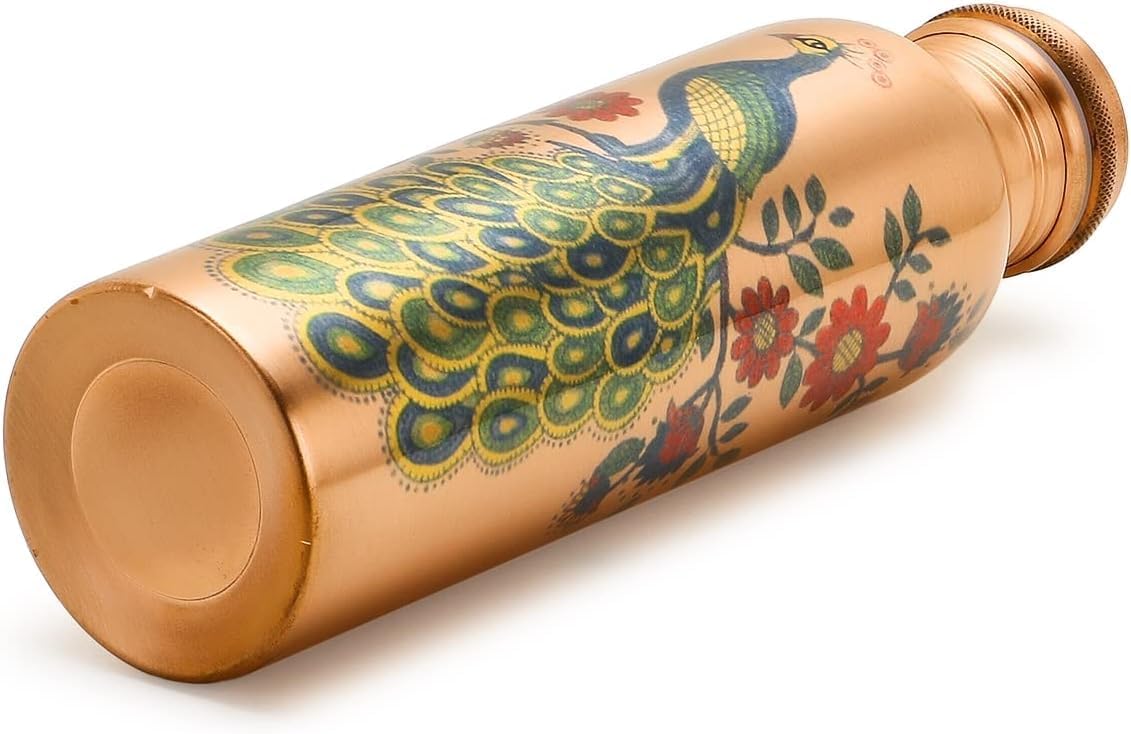 Pure Copper Water Bottle 34Oz | Authentic Ayurvedic Vessel for Immune Support & Wellness | Eco-Friendly, BPA-Free | 100% Food-Grade Copper | Leak-Proof | Peacock Design