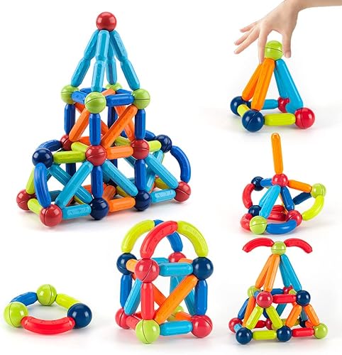 DRHIERM Juego de 64 bolas y varillas magnéticas, bloques de construcción magnéticos 3D para niños y niñas de más de 3 años, juego de juguetes