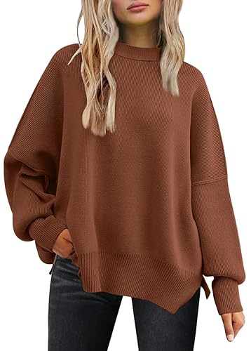 LILLUSORY Women's Oversized Batwing Sweaters 2025 Fall Outfits Trendy Crewneck Knit Side Slit Fashion Pullover Tops - Brick Red