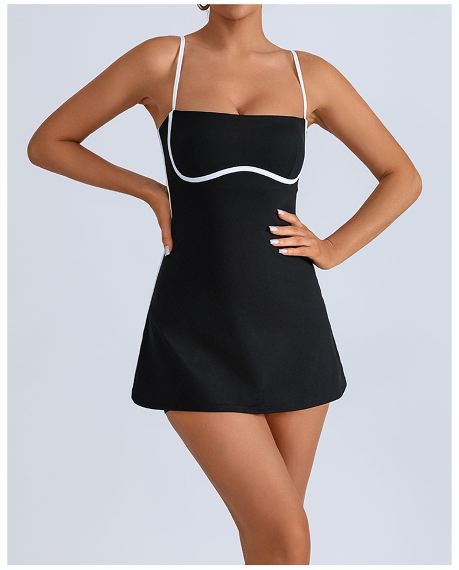 Robe de Tennis pour Femme avec Short intégré, sans Manches, col carré, Mini-Robe de Sport, Bretelles Spaghetti, Robe de Golf Colorblock