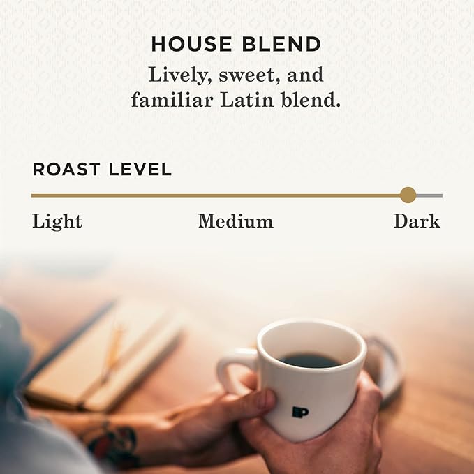 The House Blend is a beloved classic from Peet's Coffee, revered for its dark roast profile that delivers a robust and bold flavor. Perfect for those seeking a more intense and full-bodied coffee experience, this blend unveils deep flavors and a caramelized sweetness, accompanied by subtle hints of smokiness and a mildly nutty undertone.