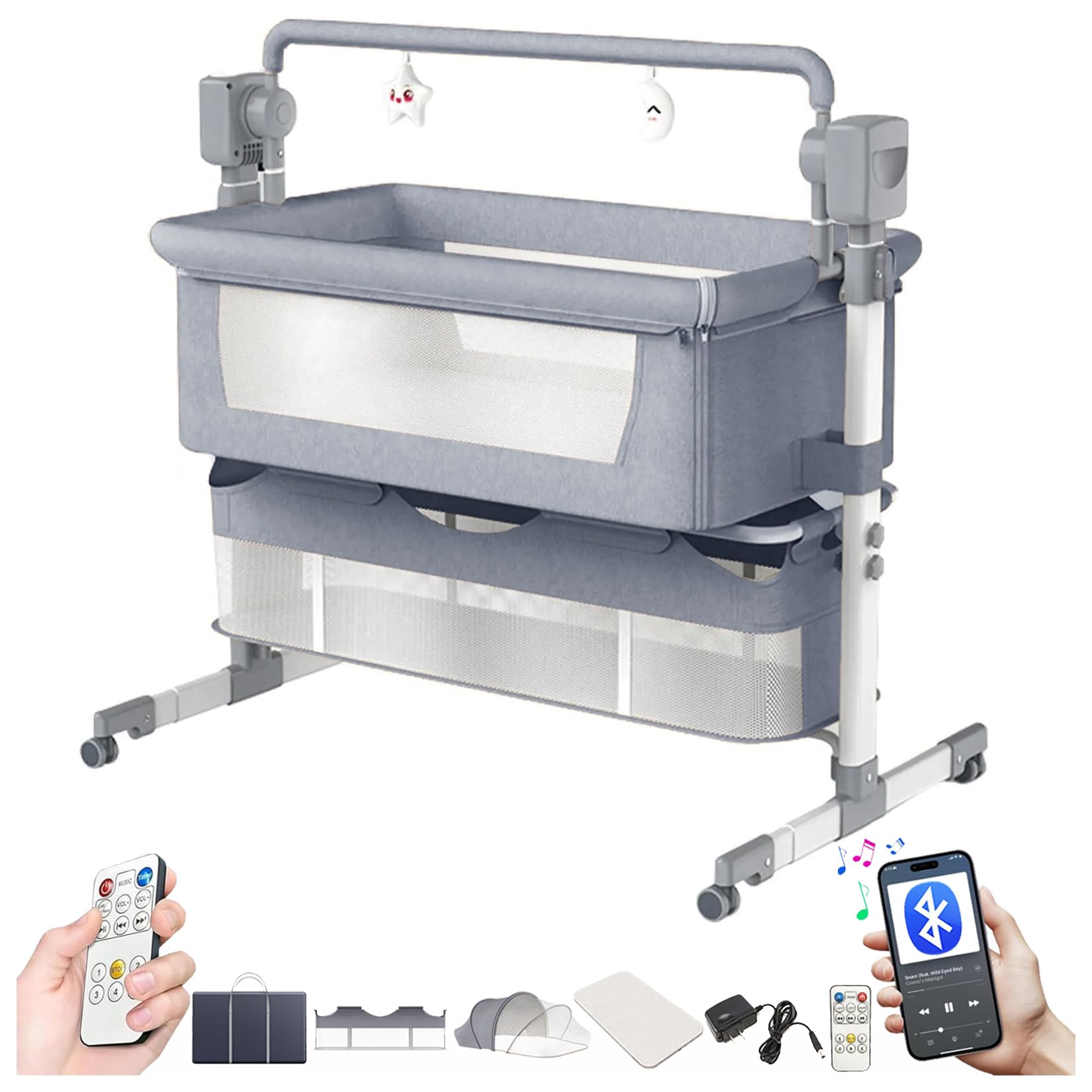 Magic ZC Elektrische Bluetooth Intelligent Beistellbett Baby mit Rollen, Faltbar Co-Sleeping Babybett, Fernbedienung und 5-schwankende Zahnräder, Stubenwagen Kleinkind Wiege mit Musik (601 Mid Grey)