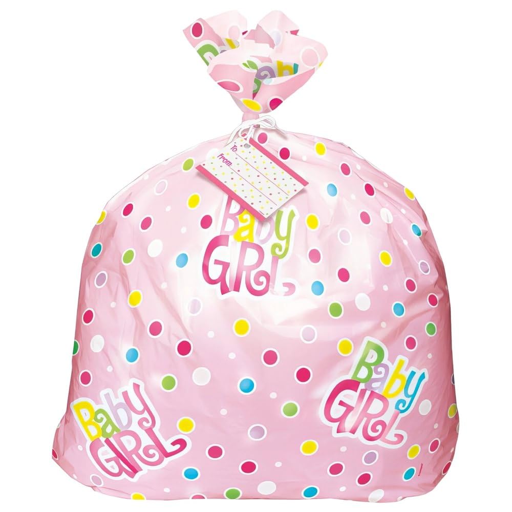 Unique Party 61865 - Jumbo Plastic Pink Polka Dot Baby Shower Gift Bag