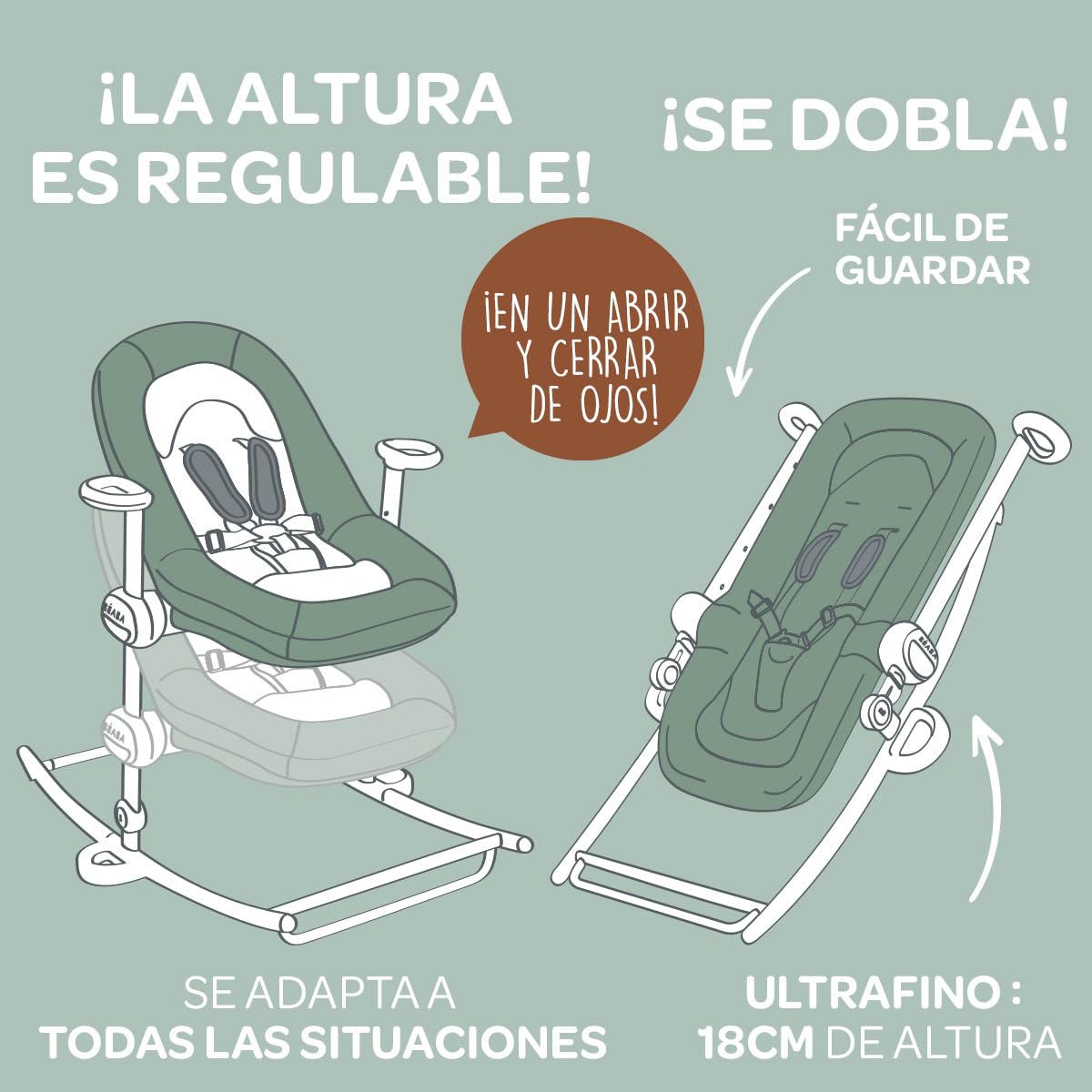 BÉABA, Hamaca, Hamaca Up&Down +, 4 alturas, 3 reclinaciones, Ajustable por simple presión, Plegable, Reductor de nacimiento, Asiento 100% Algodón, Acabado Premium, Arnés de 5 puntos, Patentado, Lichen