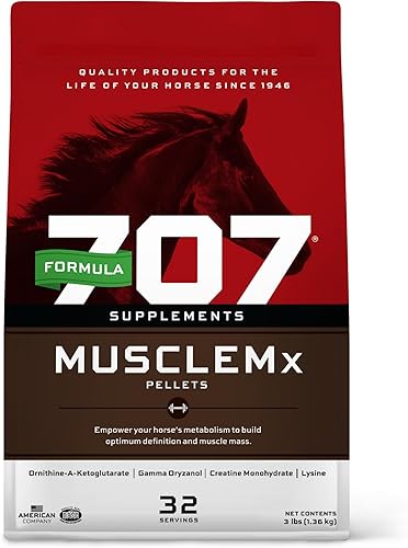 Formula 707 MuscleMx Suplemento equino, bolsa de 3 libras, soporte acondicionador y constructor muscular para caballos con lisina, gamma oryzanol,