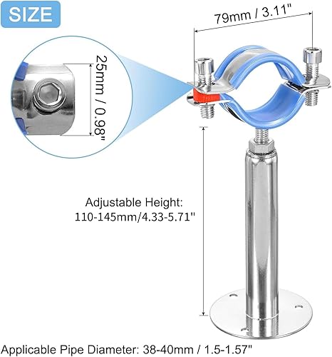 Miniatura 2 de Paquete de 2 soportes de tubo de montaje en pared de acero inoxidable para montaje en techo, abrazadera de soporte de correa de tubo ajustable con