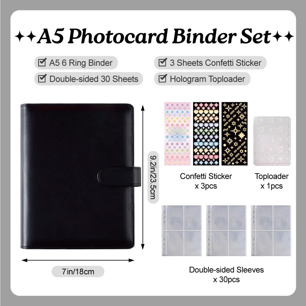 Carpeta A5 Kpop para tarjetas fotográficas con 240 bolsillos, álbum para tarjetas fotográficas con 30 fundas de doble cara para tarjetas fotográficas, 6 anillas de piel sintética, bonito libro