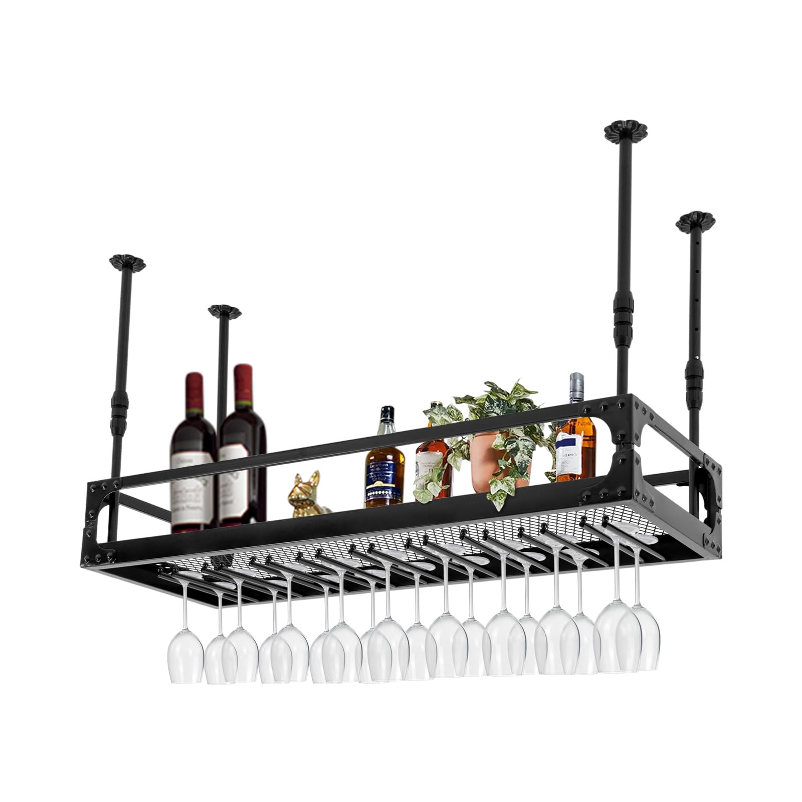 Estantería de Techo para Vino 100cm, Altura Ajustable, Estante Colgante Retro de Hierro, hasta 50 kg, Techo Industrial, Soporte para Copas de Vino, Soporte para Colgar (Negro)