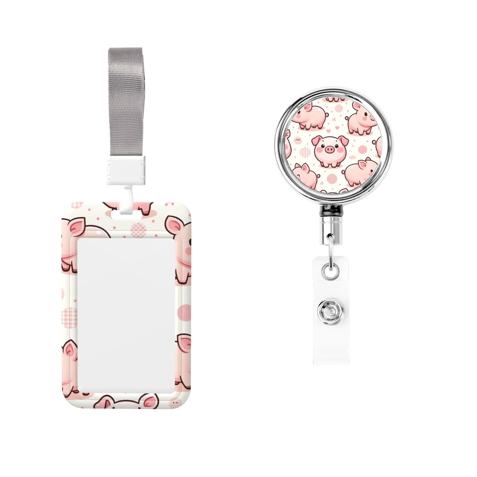 Abs Cute Pig Id Badge Holder with Lanyard and Metal Retractable Reel, Vertical Id Card Holder for Nurses, Teachers, Office Workers