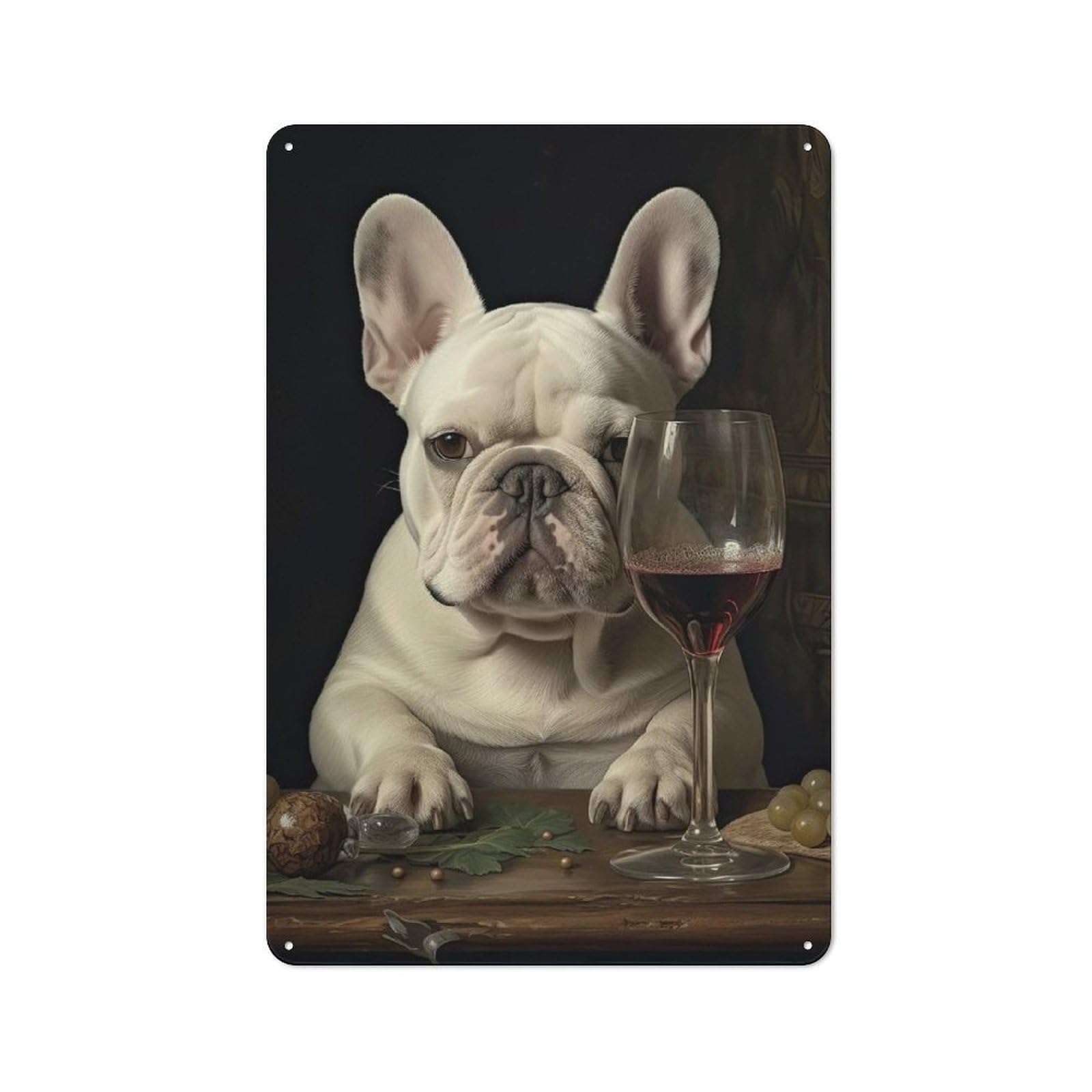 Junmoney Style-12 Understated Decorative Metal Sign 30X20cm Featuring Cream French Bulldog Wine, Study Room Decor For Workspace, Cafe, Shop Or Desk Area