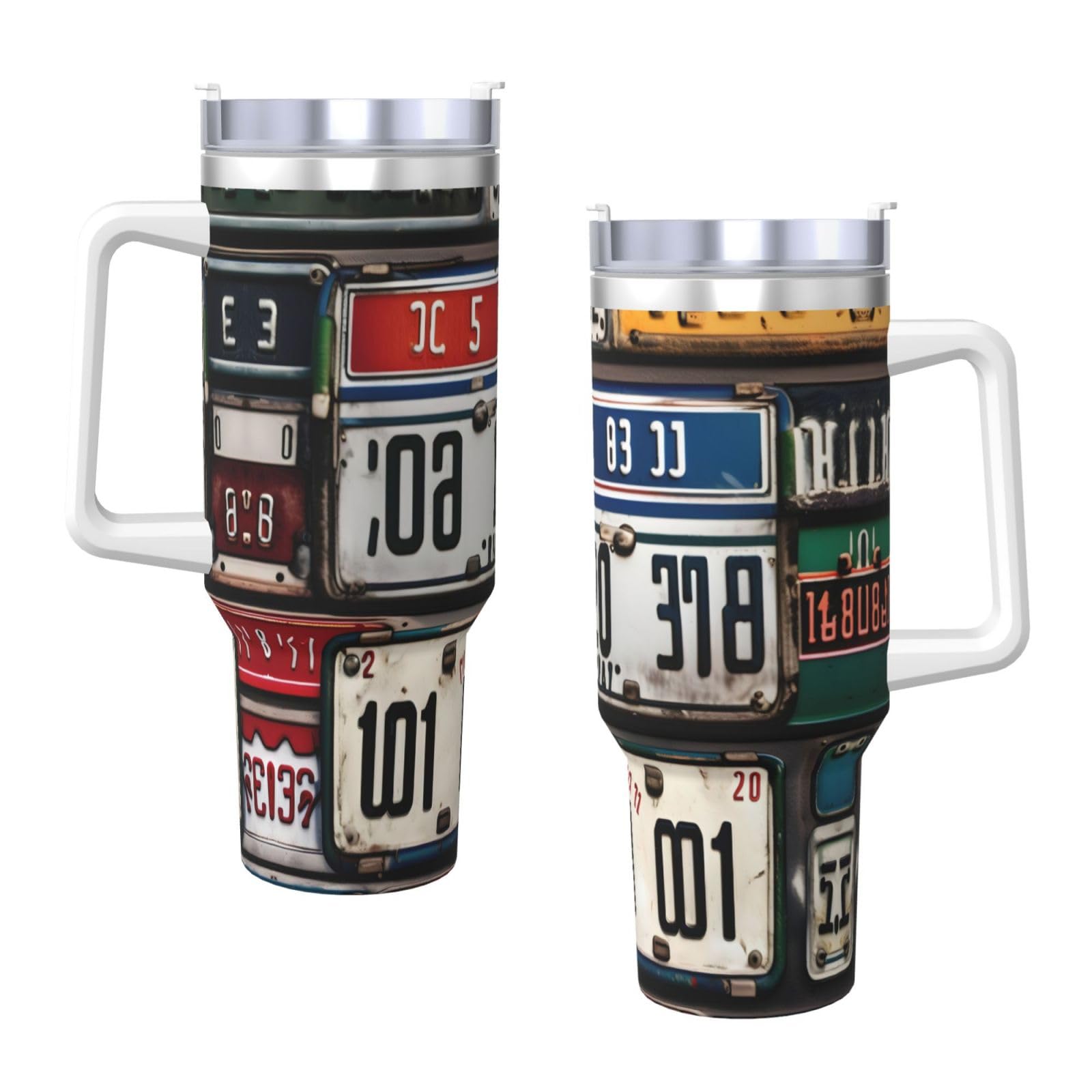Trinkflasche mit altem Nummernschild, Edelstahl, doppelwandig, isoliert, mit Griff und Strohhalm-Deckel, 1,2 l