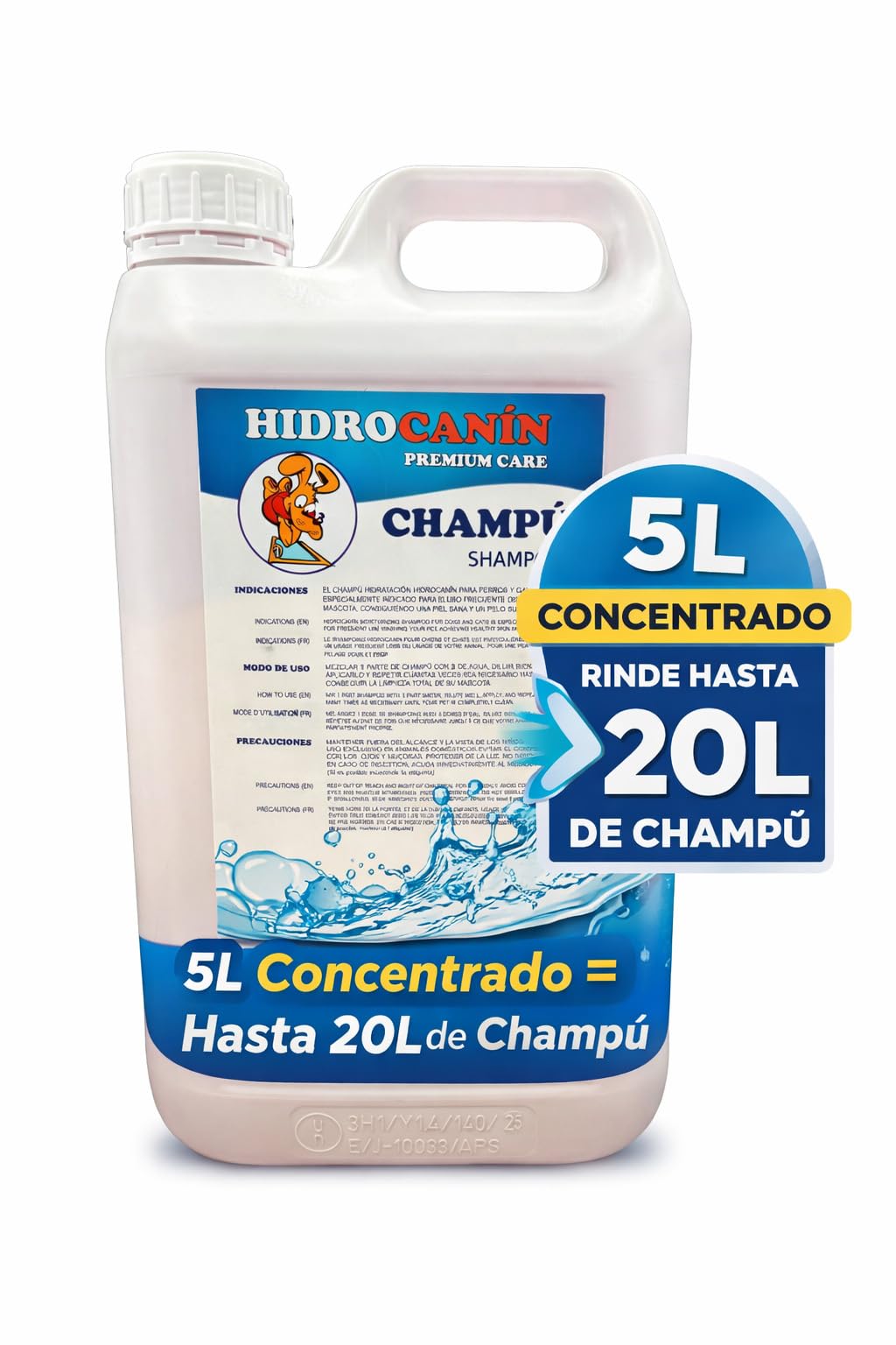 Champú Perro y Gato Hidrocanin 5L Concentrado – Rinde hasta 20L – con Vitamina B5 (Pantenol) – Fórmula Extra Hidratación + Acondicionador- pH 7.5 – Fragancia Piruleta – Acabado Suave y Brillo