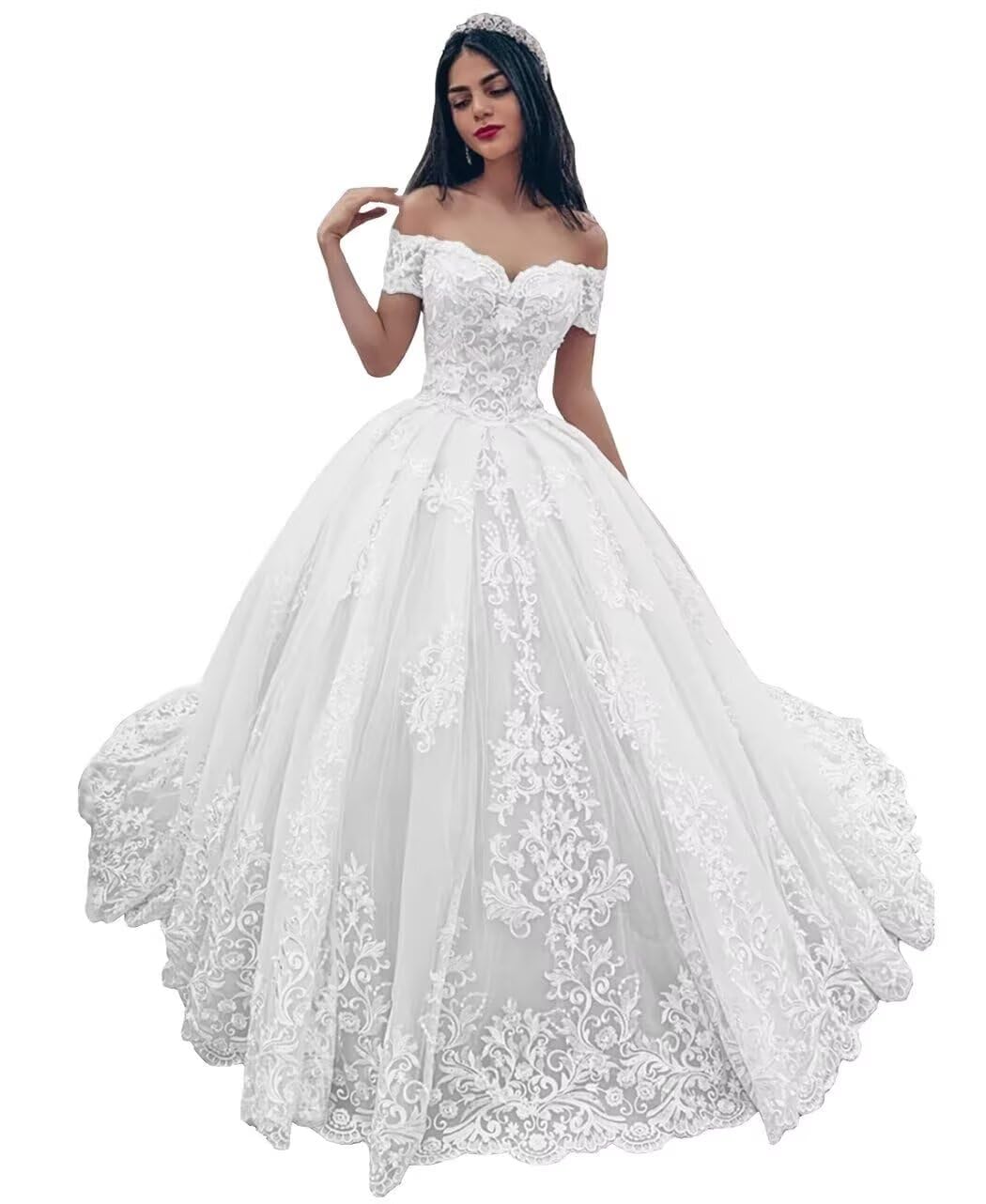 Long Off The Shoulder Wedding Dresses for Bride Princess A-Line Lace Bridal Gowns Sweetheart Tulle Wedding Gowns