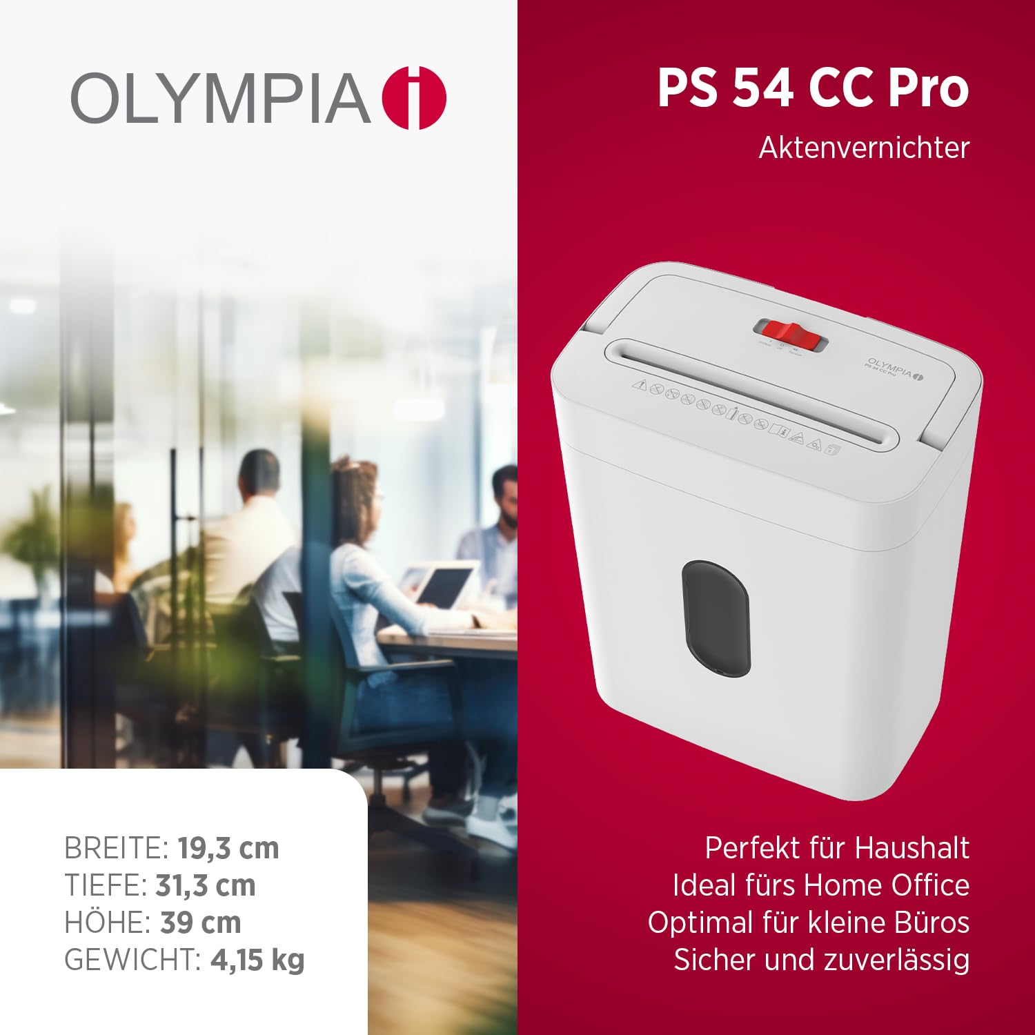 OLYMPIA PS 54 CC Pro Aktenvernichter | Papierschredder mit Partikelschnitt 4×38 mm | Schredder Aktenvernichter für Home Office | Shredder Papier 8-Blatt | Mit universal Aufsatz | Paper Shredder
