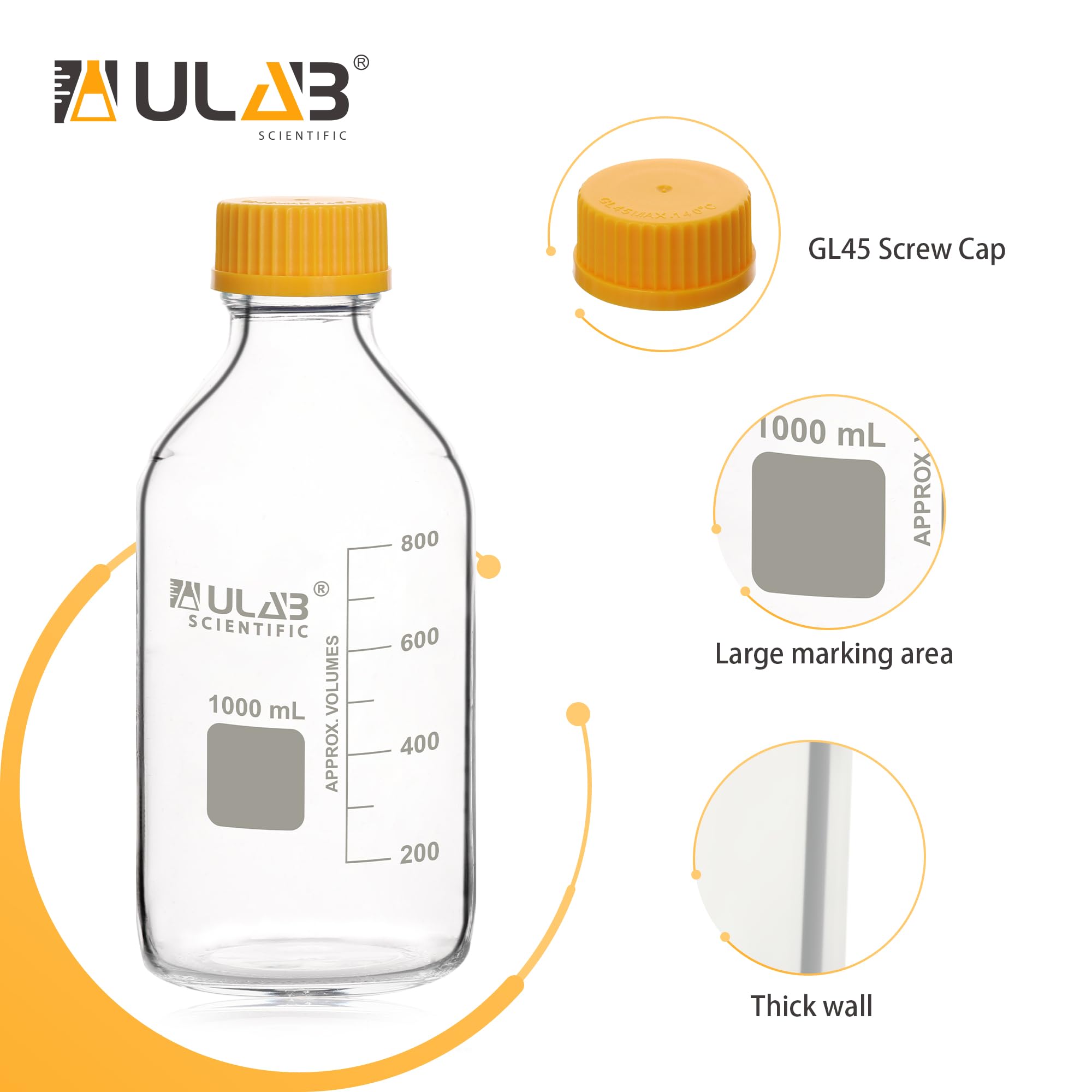 ULAB Runde Medien Laborflaschen Aufbewahrungsflaschen, 1000 ml, 3,3 Borosilikat glasflaschen mit GL45 Schraubverschluss, 2 Stück, URB1040