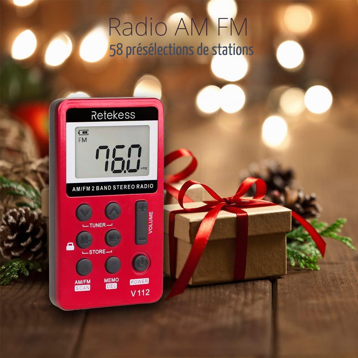 Retekess V112 Mini Radio FM de Poche,Radio Portable,FM AM,Prise Casque,d'Extérieur,Convient pour Course à Pied,de Sport,Randonnée,Le Camping(Rouge)