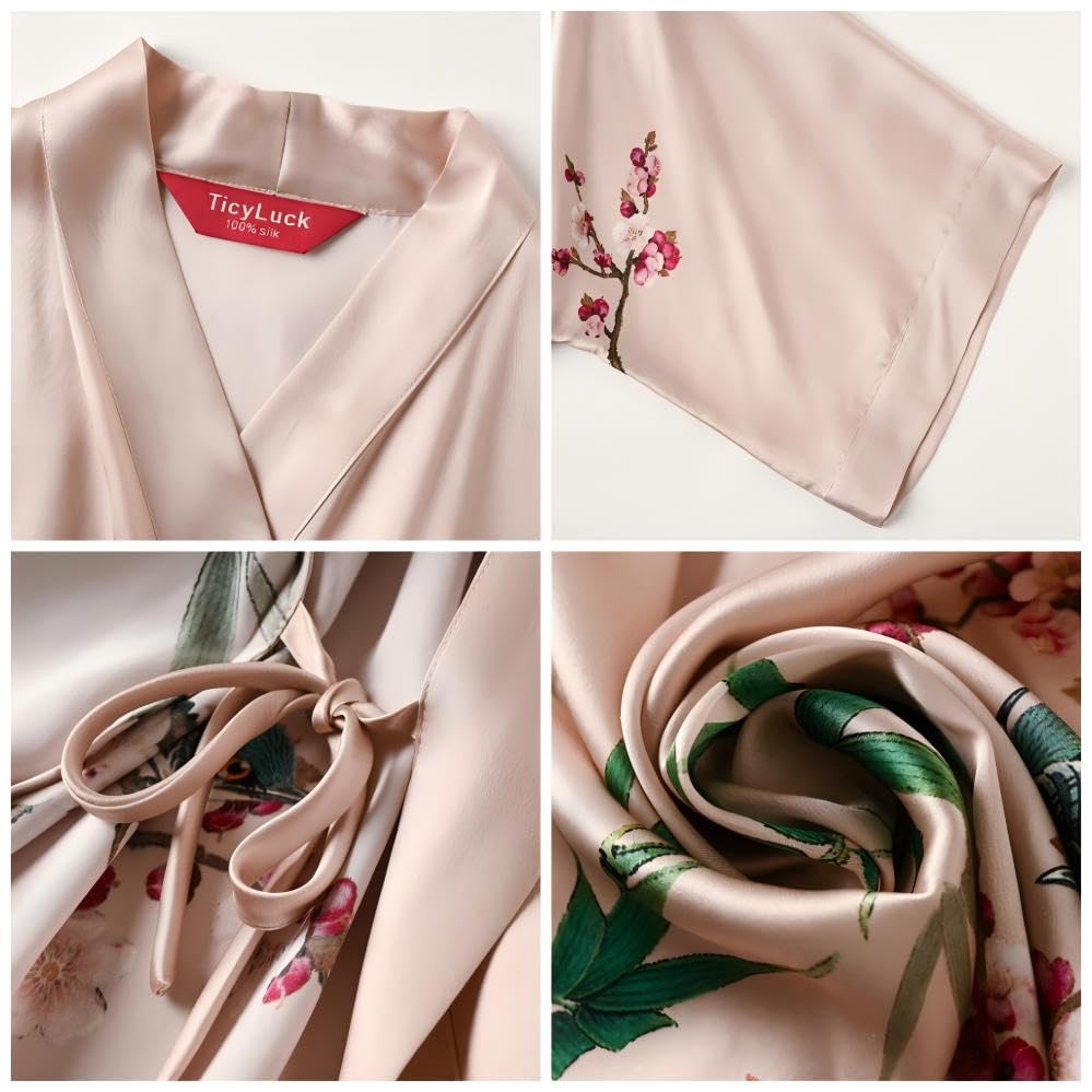Image of Women's Silk Kimono Robe Short Bathrobe Nightgown 100% Mulberry Silk for Women - Classic Floral Pattern