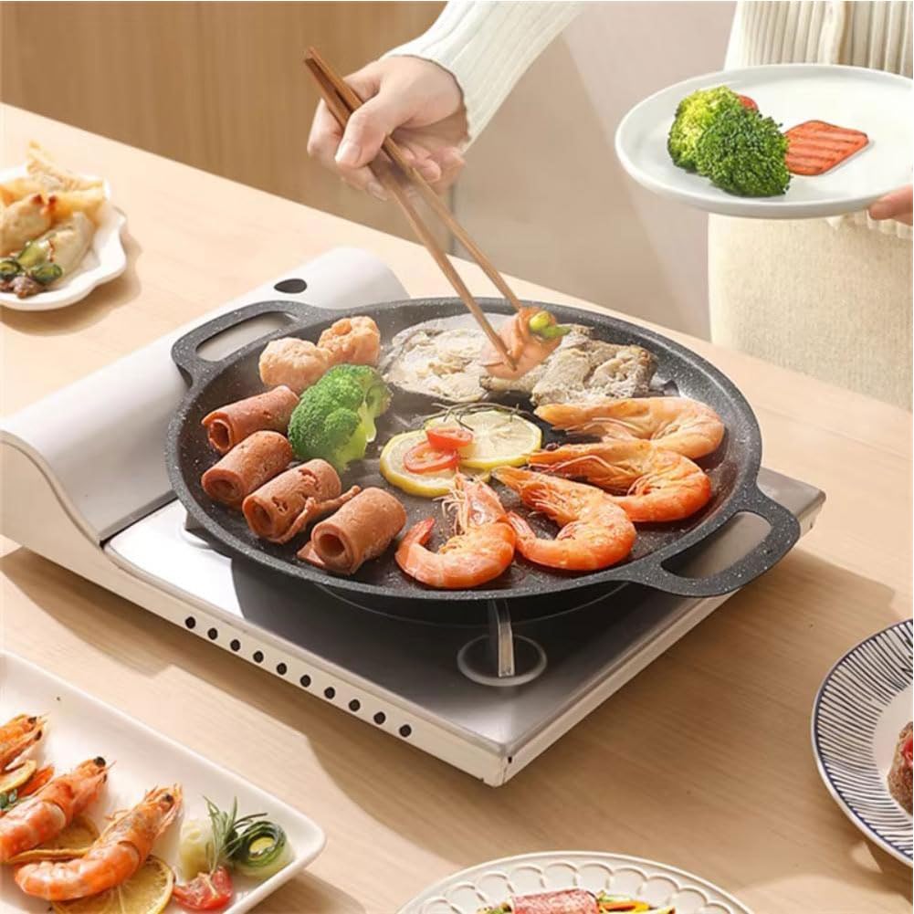 Placa de fuego de hierro fundido, diámetro de 35 cm, parrilla ideal para la parrilla y el horno, placa para barbacoa al aire libre con asa, sartén de hierro fundido, alfombrilla para barbacoa de gas y