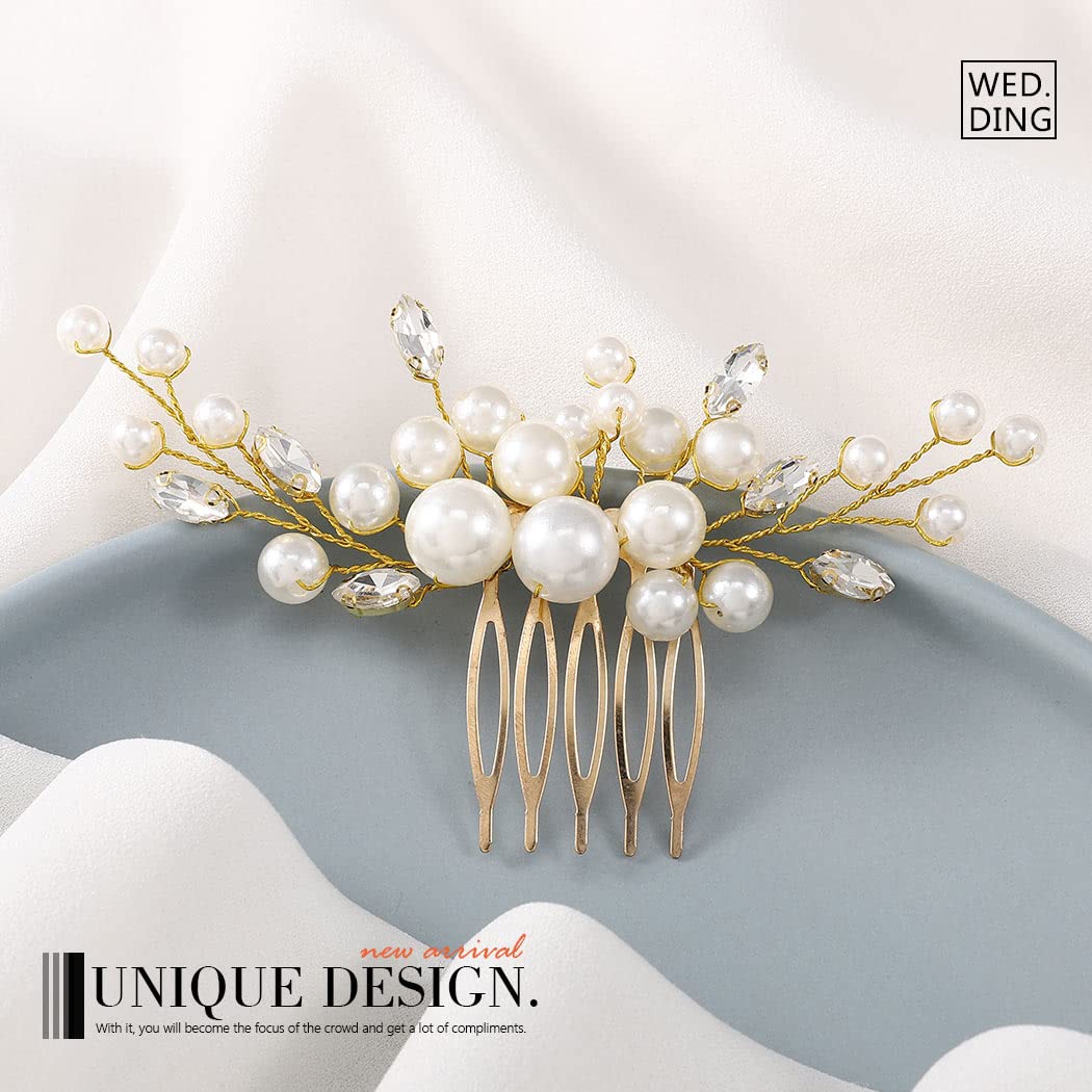 Latious Wedding Pearl Hair Comb Gold Rhinestone Bridal Hair Clips Crystal Hair Pieces Accessories for Women and Brides (T- Gold) - Image 5