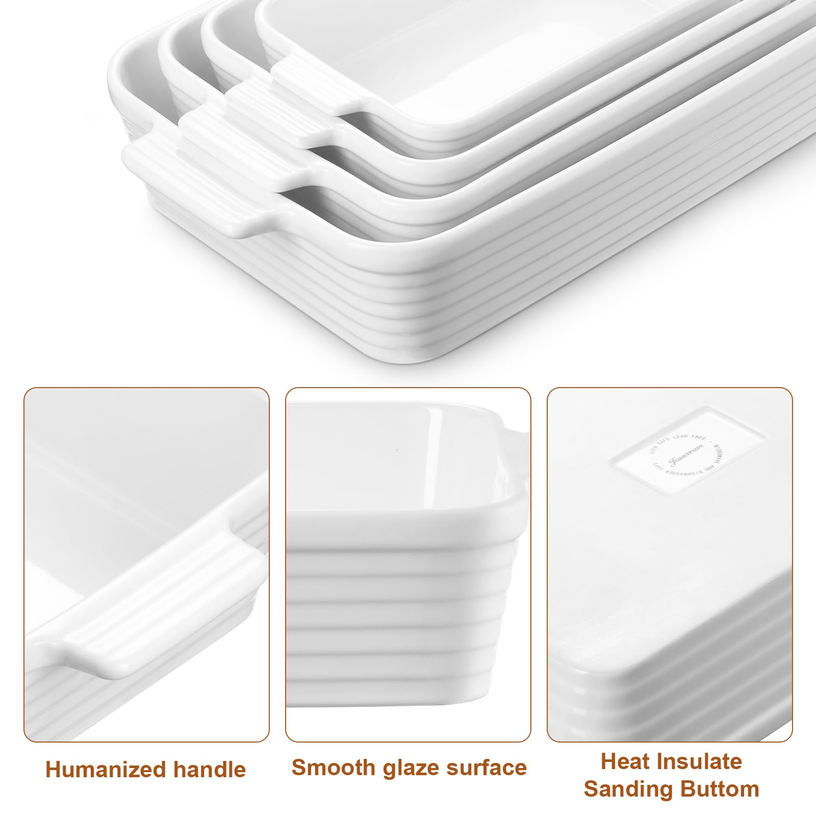 Jassceram Set di 4 pirofile in ceramica rettangolari profonde per lasagne, con manici, grandi in porcellana, adatte al forno, per cucinare brownie banchetti Mac e formaggio (24,4 cm/29,2 cm/33,3