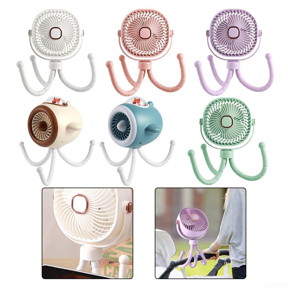Tragbarer Kinderwagen-Ventilator, 8000 mAh, mit 360-Grad-Drehung, LED-Licht, abnehmbarem Kopf und 4 Geschwindigkeitsoptionen für den Einsatz (Rosa)