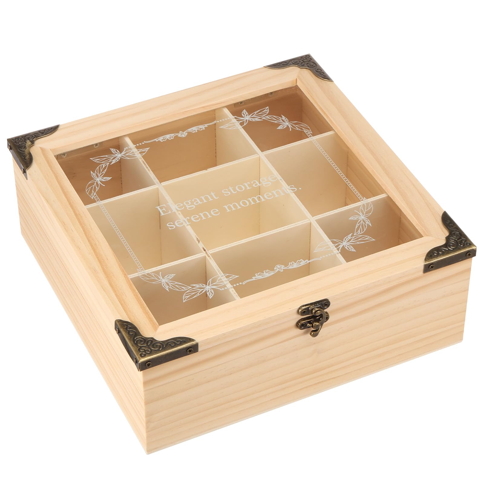 CBWERBB Wooden Tea Storage Box with Lid,24×24×9cm Clear Sorting Coffee Bag Organizer,9 Compartments Tea Chest Container for Organizing Spice Pouches and Sugar Packets