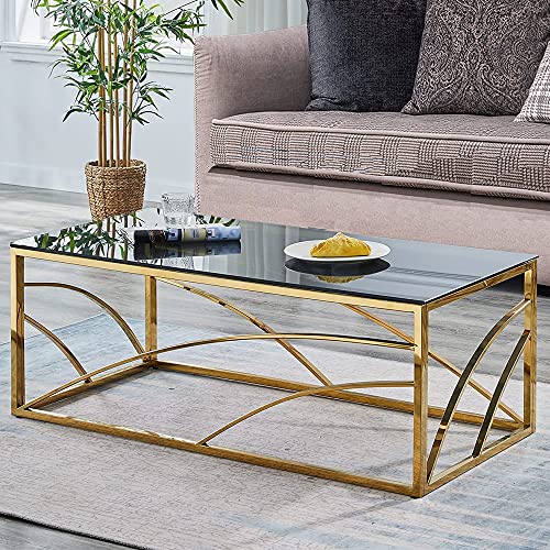Moderner Couchtisch aus Edelstahl, rechteckig, Glas, 120 cm, eleganter Akzenttisch für Wohnzimmer, mit schwarzgrauer Tischplatte aus gehärtetem Glas, eleganter Loungetisch (Gold)