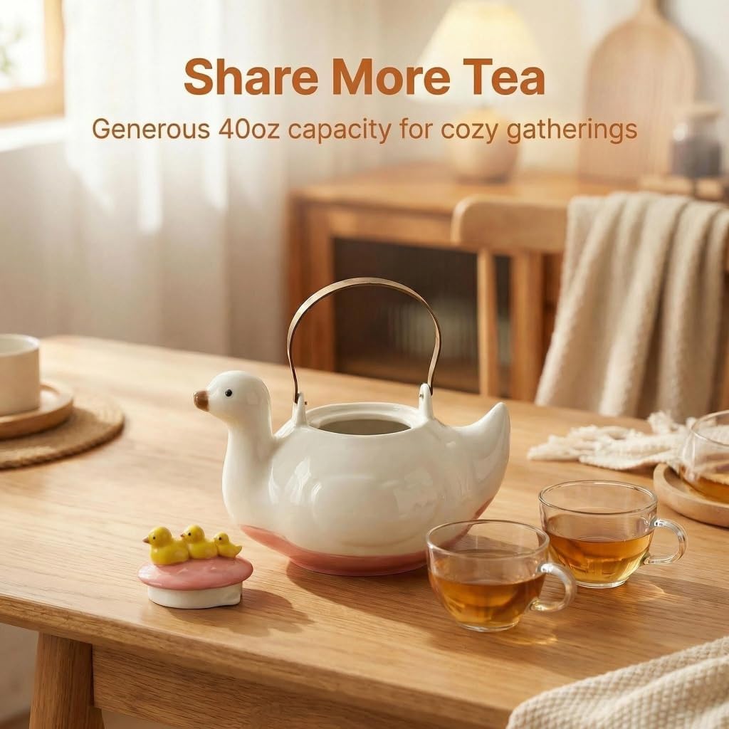 Cute Duck Ceramic Teapot, 40 oz, Iron Handle