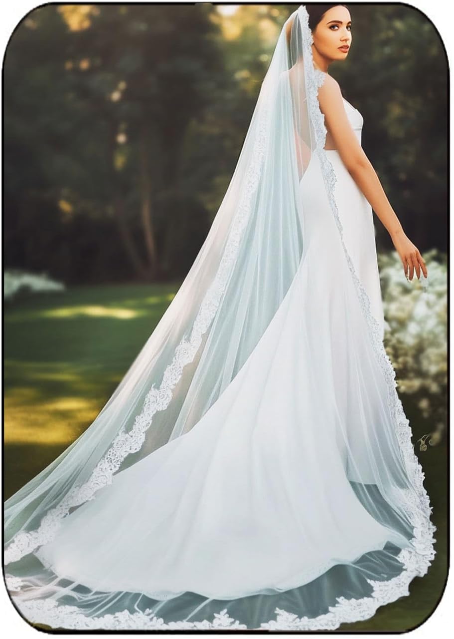 EASEDAILY Lace Wedding Veil Long Cathedral 1 Tier Bridal Tulle Veils with Comb for Women