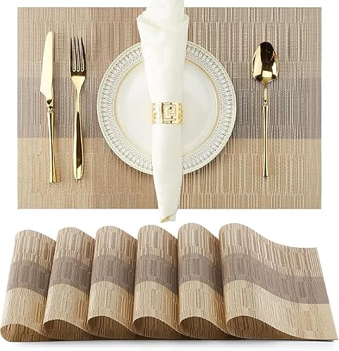 Champagne PVC Placemats, Set of 6, Heat Resistant Non-Slip Woven Vinyl Table Mats, 30x43 cm, Indoor/Outdoor