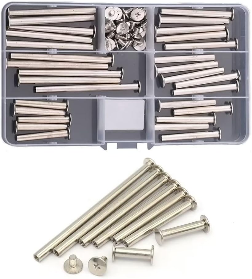 Chicago Pack of 30 Nickel-Plated Screw Binding Screws M5 x (35-70 mm) Flat Head Rivet Sets for DIY Leather Decoration with Storage Box