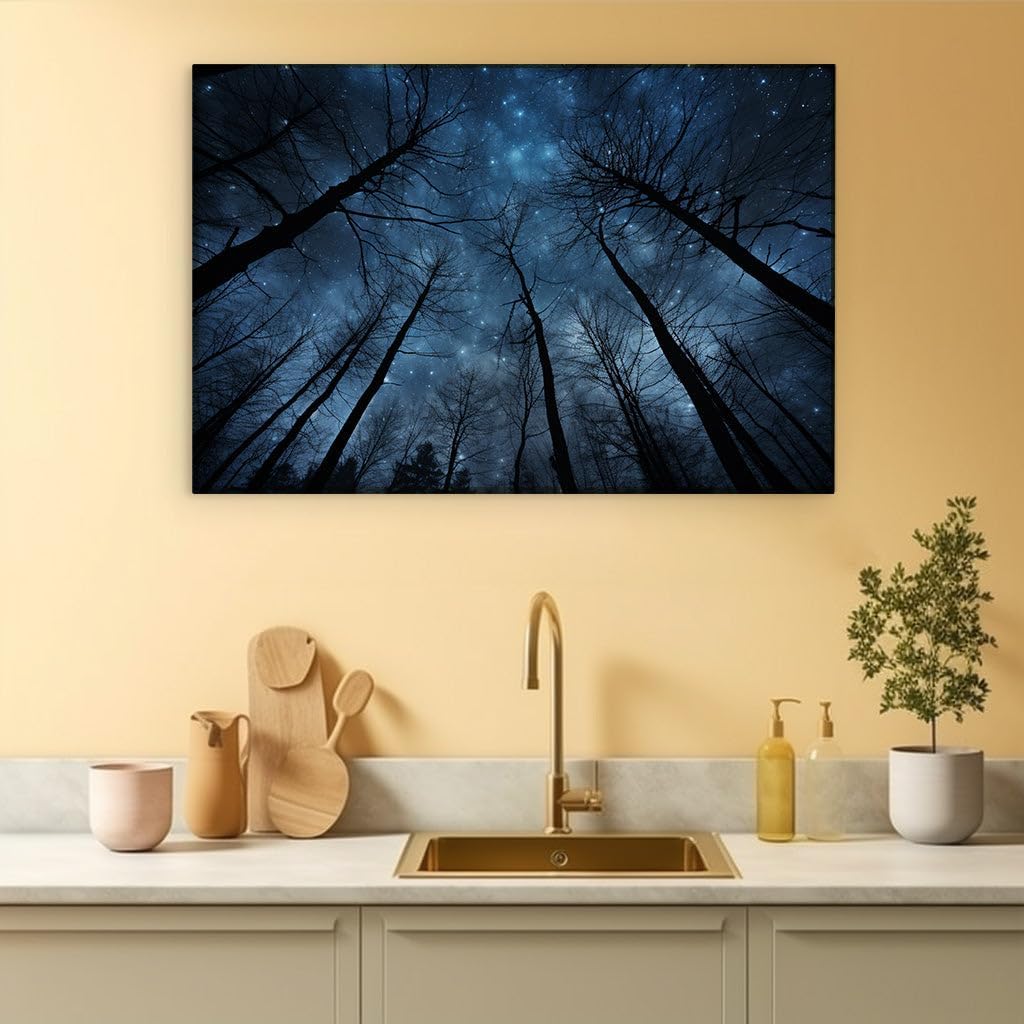 Canvas for Living room. Whispering Giants: The Enigmatic Dance of Trees Against a Starlit Azure Canvas, 27 x 18 inch Canvas Wall Art - Surrealistic Visions - Modern Home Decor