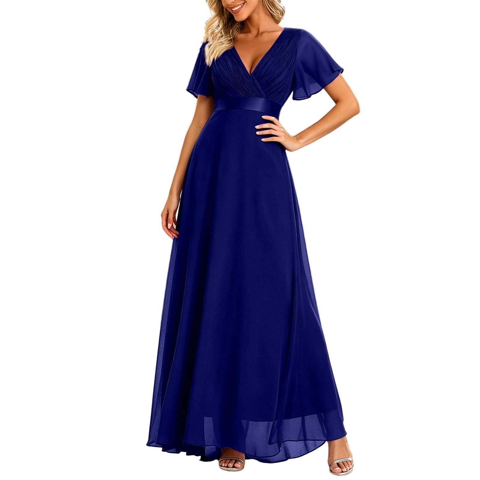 Abito da sera da donna con scollo a doppia V, maniche a campane svasate a pieghe, taglio ampio e fluido, in mussola elastica, abito da ballo per damigella d'onore, matrimonio, cocktail e