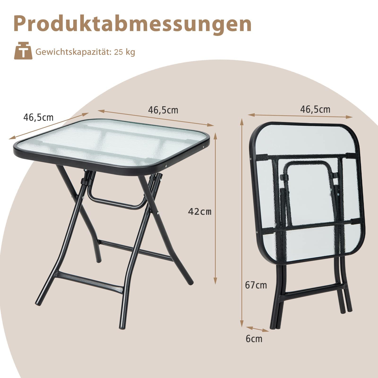 FANTASK Tavolino pieghevole quadrato resistente alle intemperie, tavolo da giardino con piano in vetro temperato, per balcone, giardino, terrazza, 46,5 x 46,5 x 42 cm