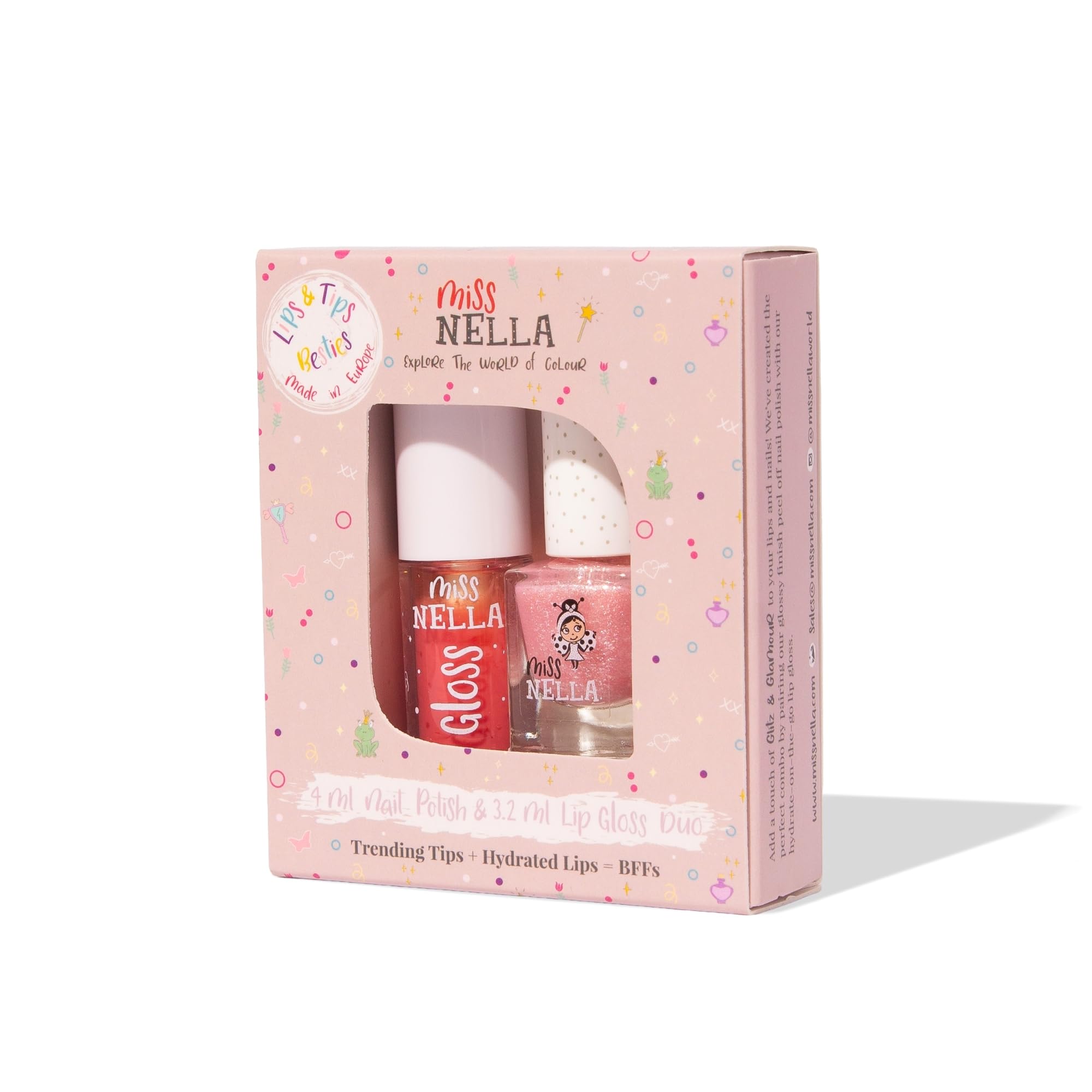 MISS NELLA Pink Secret Lips Tips duo- Scented Lip Gloss Glitter Nail Polish for Kids with Peel-off Water